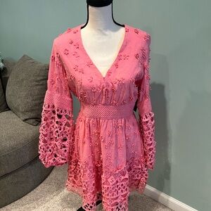 Boston Proper Pink Floral Lace Long Sleeve Dress